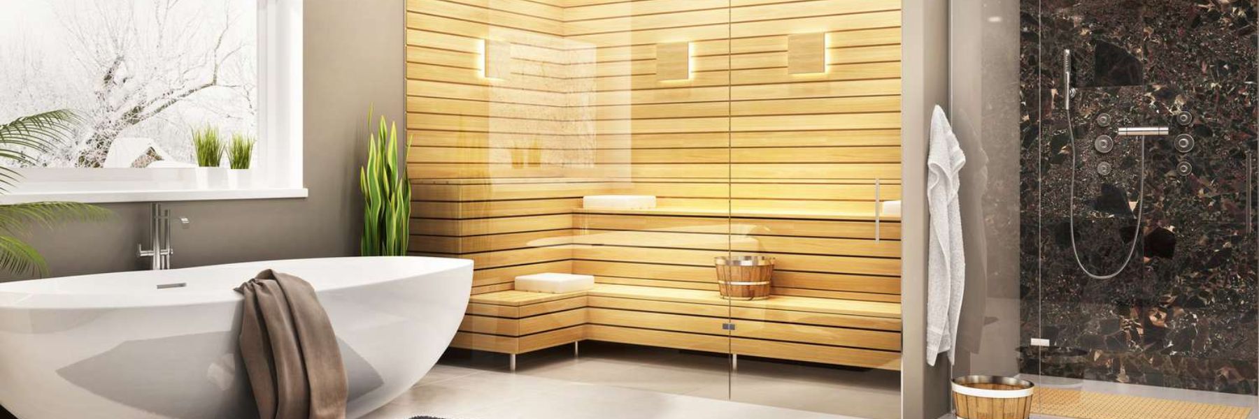 Luxury bathroom with built-in sauna and walk-in shower, showing premium home spa setup