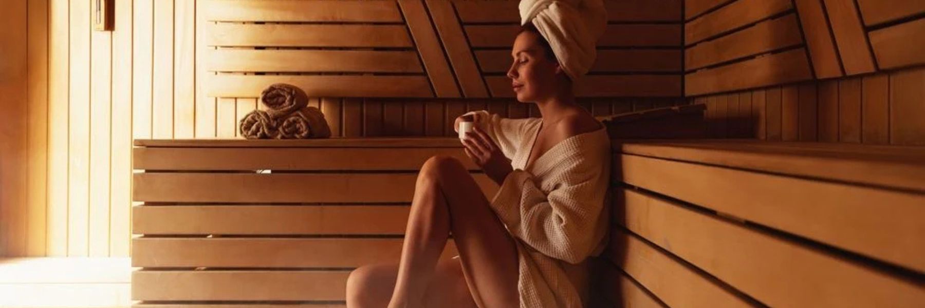 Woman in sauna wearing robe and towel, showing what to wear in a steam room for comfort and hygiene