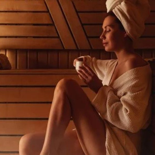 Woman in sauna wearing robe and towel, showing what to wear in a steam room for comfort and hygiene