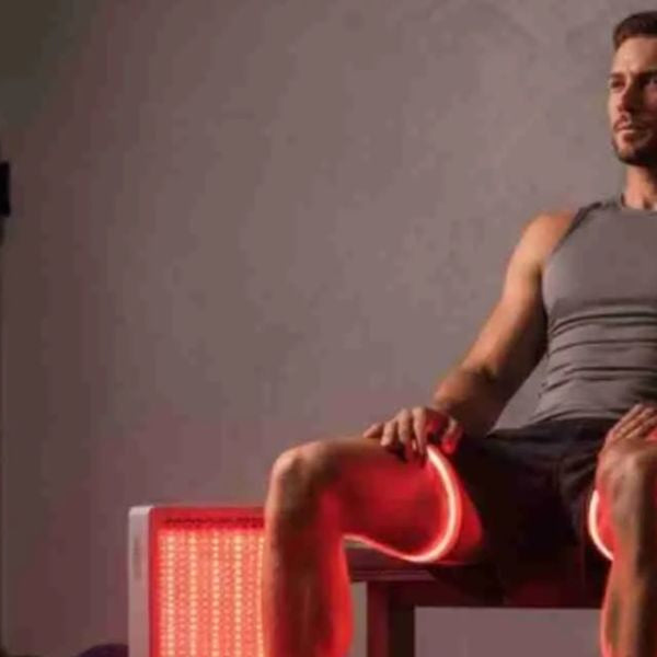 Athlete using red light therapy for muscle recovery and joint pain relief after exercise