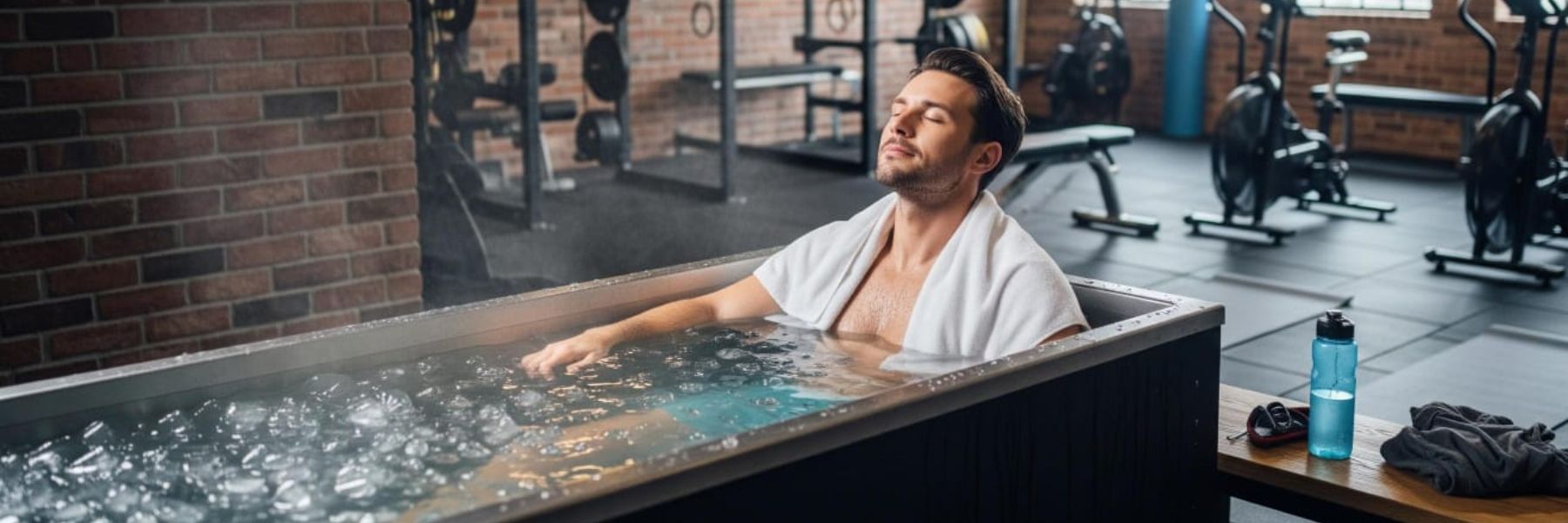 Man relaxing in a cold plunge tub at the gym, showing cold water immersion as part of a pre-workout routine