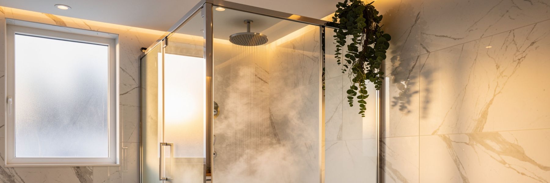 Modern steam shower enclosure in a luxury bathroom with warm lighting and steam for relaxation