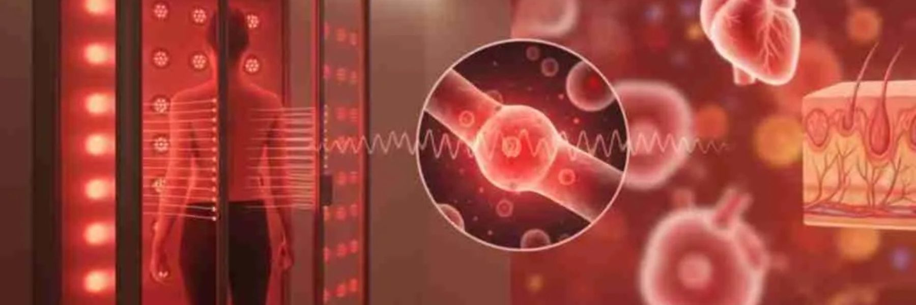 Red light therapy penetrating skin cells showing cellular regeneration and photobiomodulation process