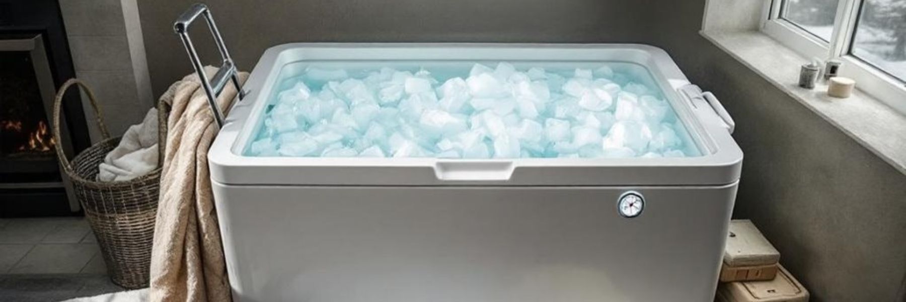 Chest freezer converted into a DIY ice bath tub filled with ice for cold plunge recovery