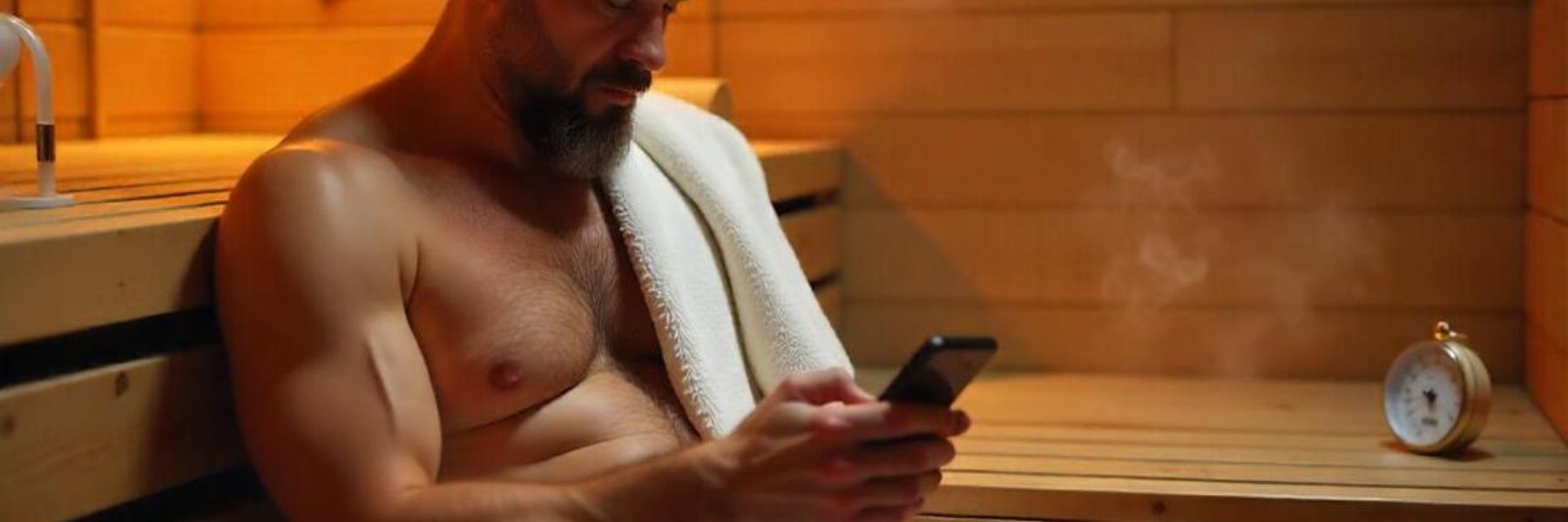Man using smartphone in sauna illustrating moisture and heat risks for electronic devices
