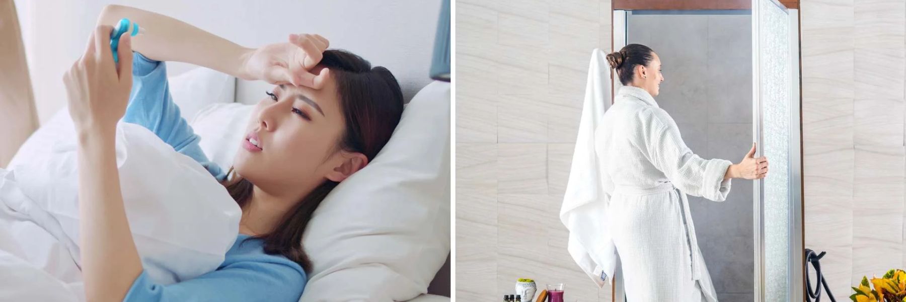 Woman feeling unwell in bed alongside steam shower scene showing flu relief benefits of steam therapy