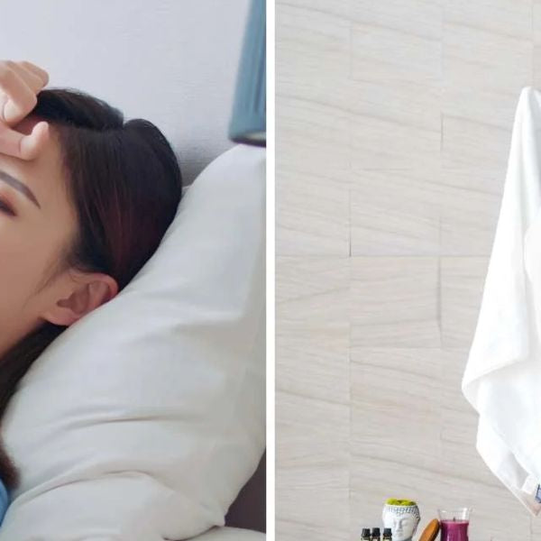 Woman feeling unwell in bed alongside steam shower scene showing flu relief benefits of steam therapy