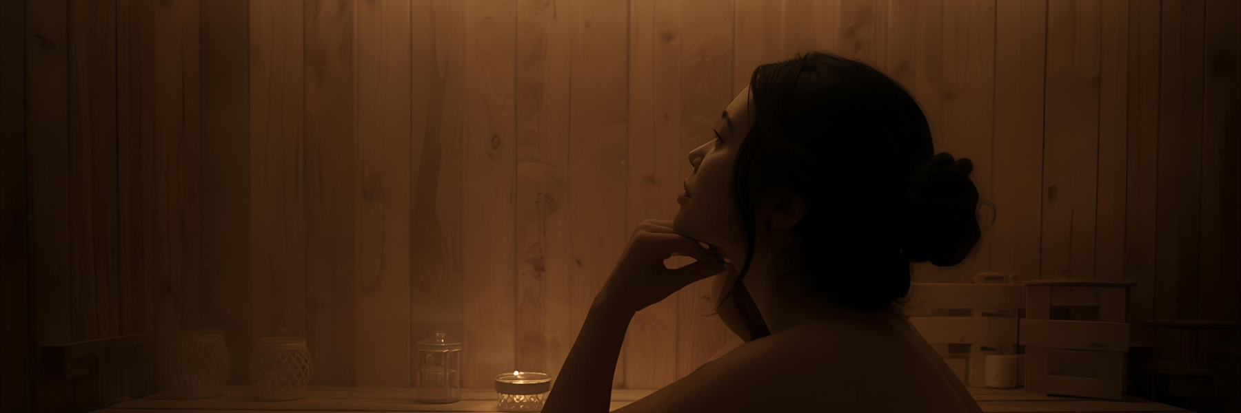 Woman sitting in a dimly lit wooden sauna, resting her chin on her hand and looking upward in a relaxed pose