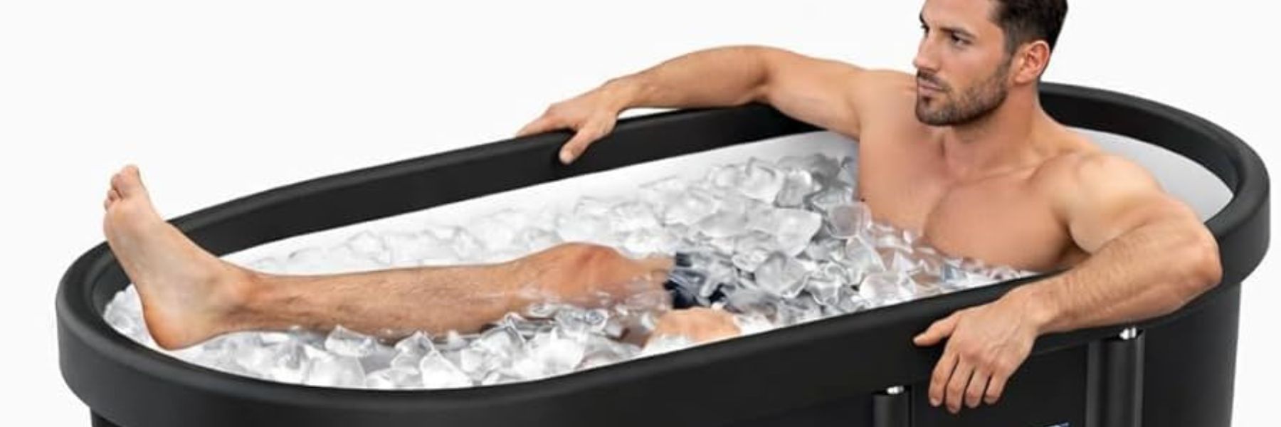 Modern cold plunge tub with ice water prepared for cold water immersion and recovery therapy.