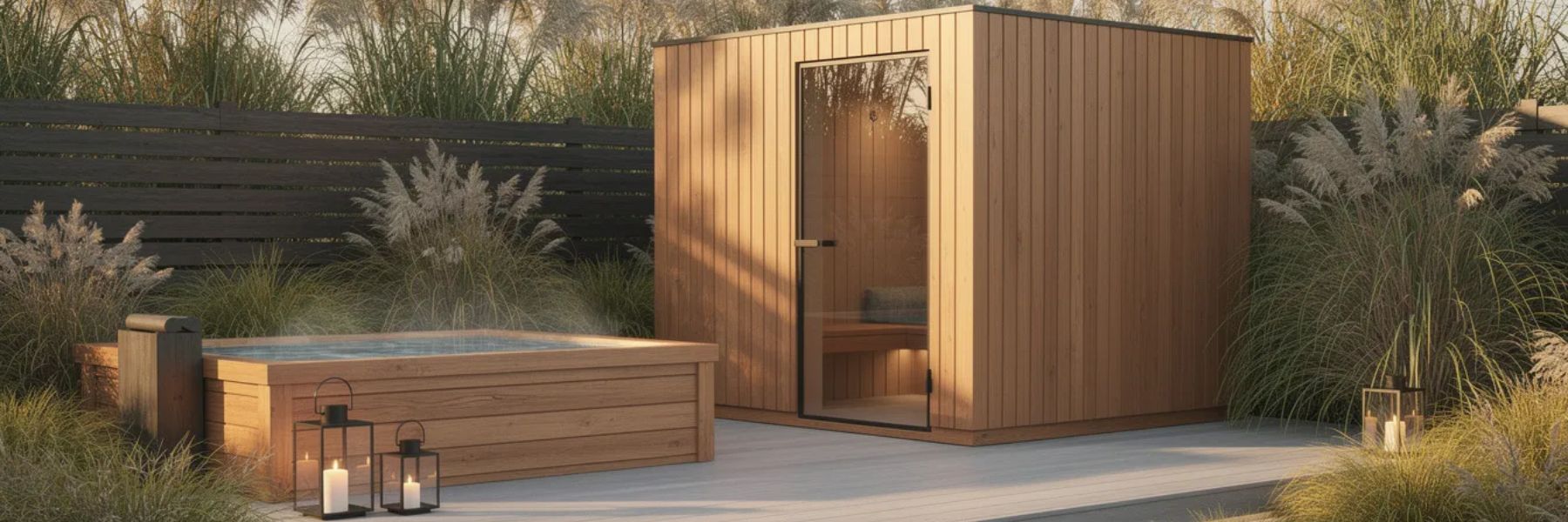 Modern cold plunge tub with external chiller beside a sauna in a home wellness garden.