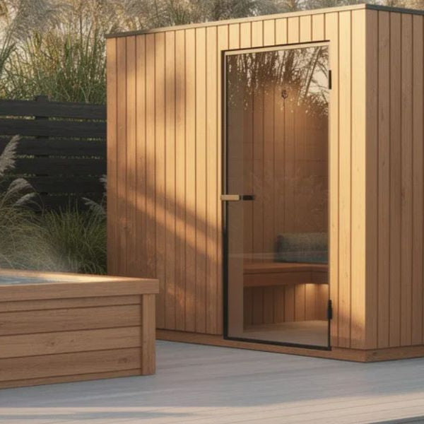Modern cold plunge tub with external chiller beside a sauna in a home wellness garden.