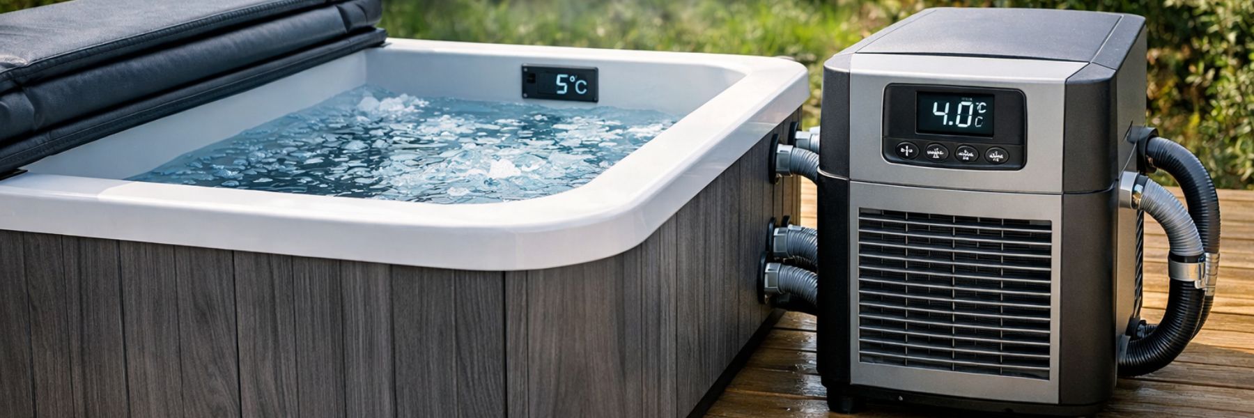Cold plunge tub with external water chiller unit showing temperature display, illustrating electricity usage and running costs for an ice bath system.