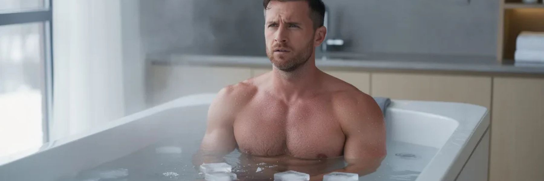 Person performing a cold plunge ice bath in a home bathtub filled with cold water and ice, demonstrating a simple DIY cold plunge setup.