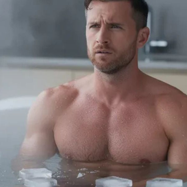 Person performing a cold plunge ice bath in a home bathtub filled with cold water and ice, demonstrating a simple DIY cold plunge setup.