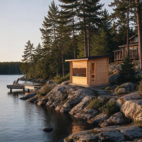 CT Avalon cedar sauna on a lake point at golden hour