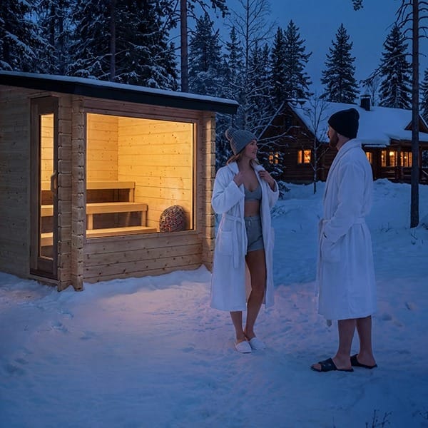 Two bathers in robes outside the Dundalk CT Avalon sauna in winter