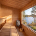 CT Avalon interior with the electric heater and stones beside the three-tier cedar benches
