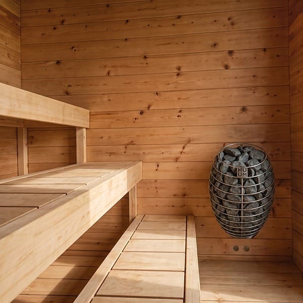 Heater and stones in the corner of the CT Avalon with all three bench tiers visible
