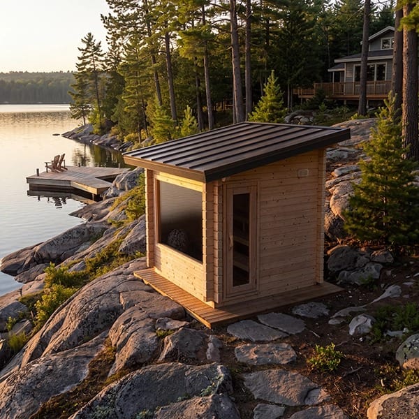 CT Avalon outdoor sauna on a lakeside rock outcrop with a dock beyond