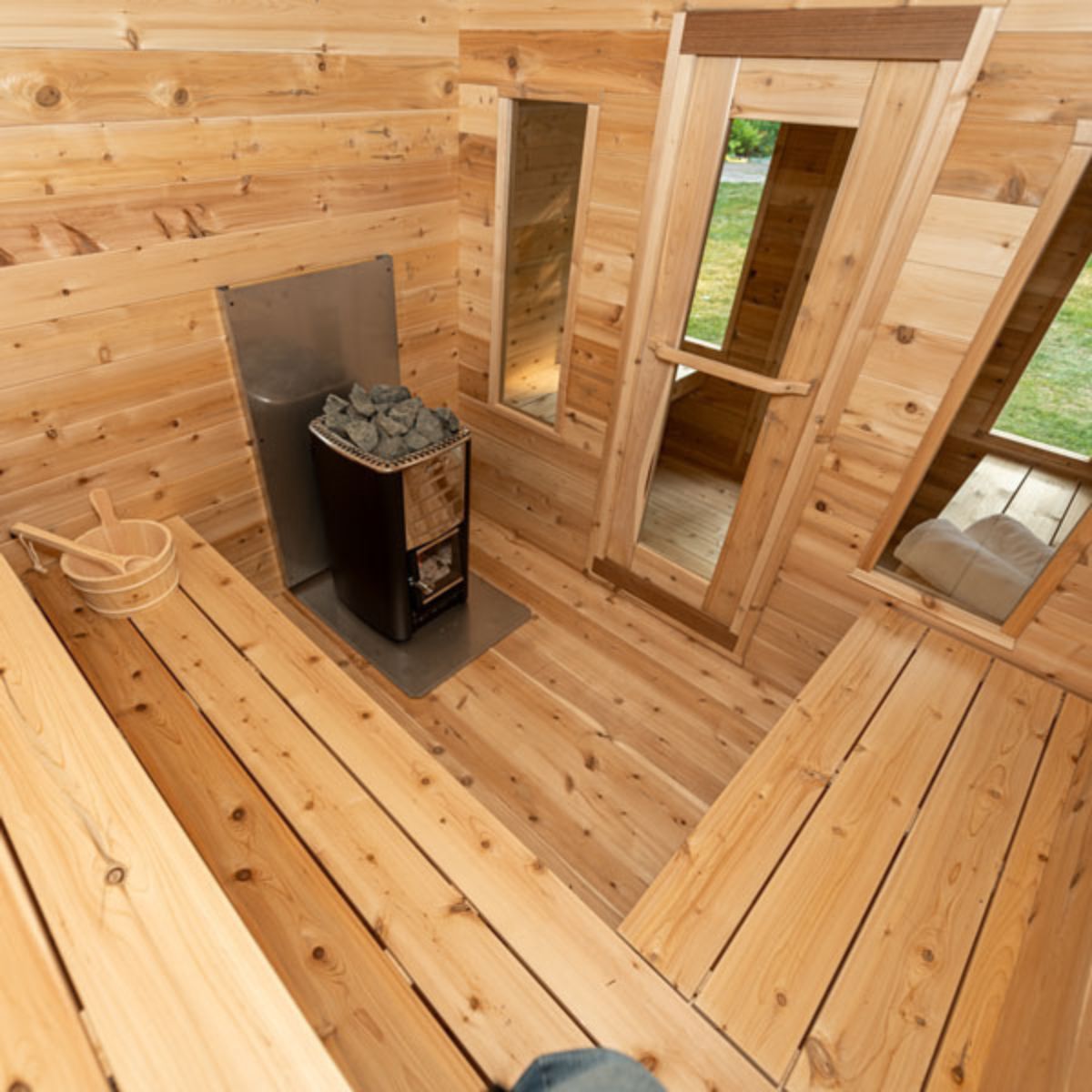 The metal shingle roof ensures that your sauna is dry and ready to enjoy