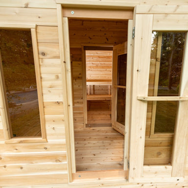 The Georgian Cabin Sauna with Changeroom, part of the Canadian Timber Collection, is handcrafted by Leisurecraft from Eastern White Cedar that is lighter in colour and has tight knots in the wood