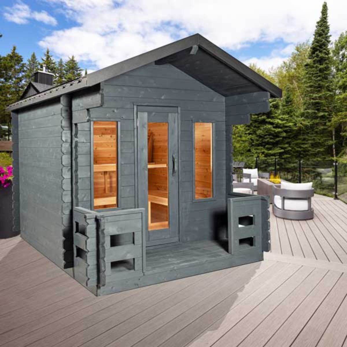 The black metal shingle roof ensures that your sauna is dry and ready to enjoy