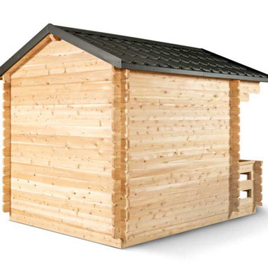 The Georgian Cabin Sauna with a built-in front porch is handcrafted by Leisurecraft from Eastern White Cedar is lighter in color