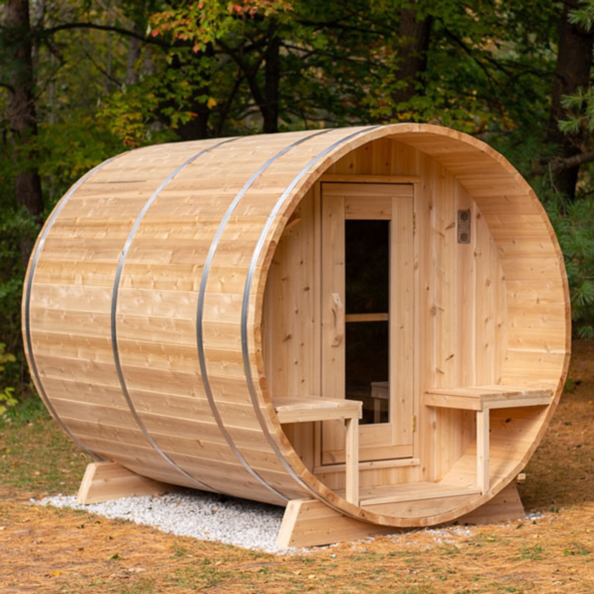 This Canadian Timber Collection Sauna by Dundalk LeisureCraft is handcrafted from Eastern White Cedar that is lighter in color and has tight knots in the wood