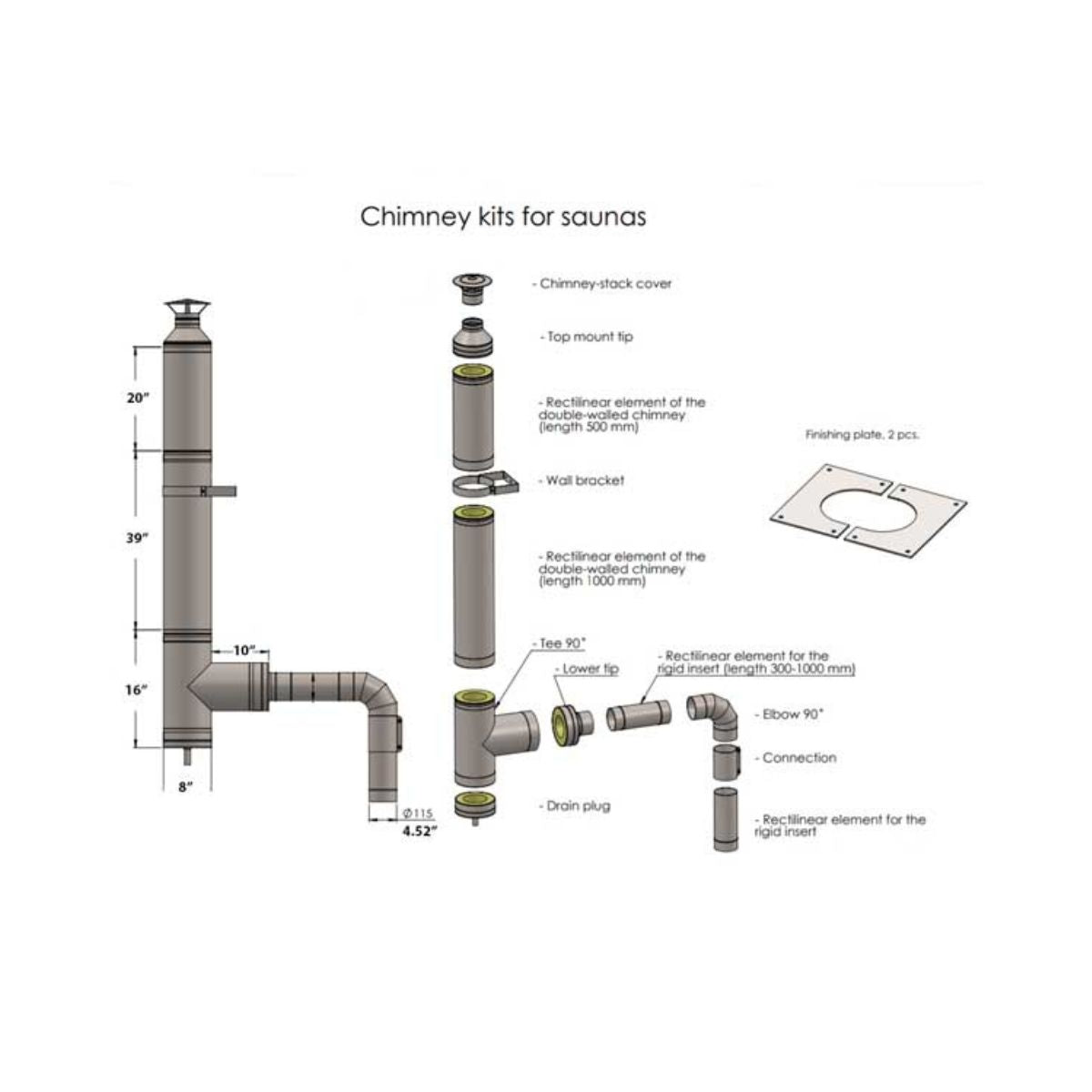 Parts and measurements of this chimney kit set