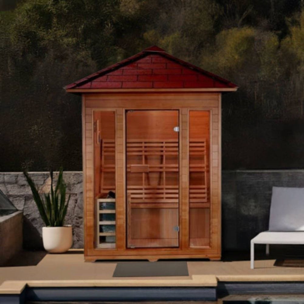 Experience the Sunray Waverly 3-Person Outdoor Sauna with Harvia heater, Bluetooth, chromatherapy lighting & windows—luxury, comfort, and wellness outdoors.