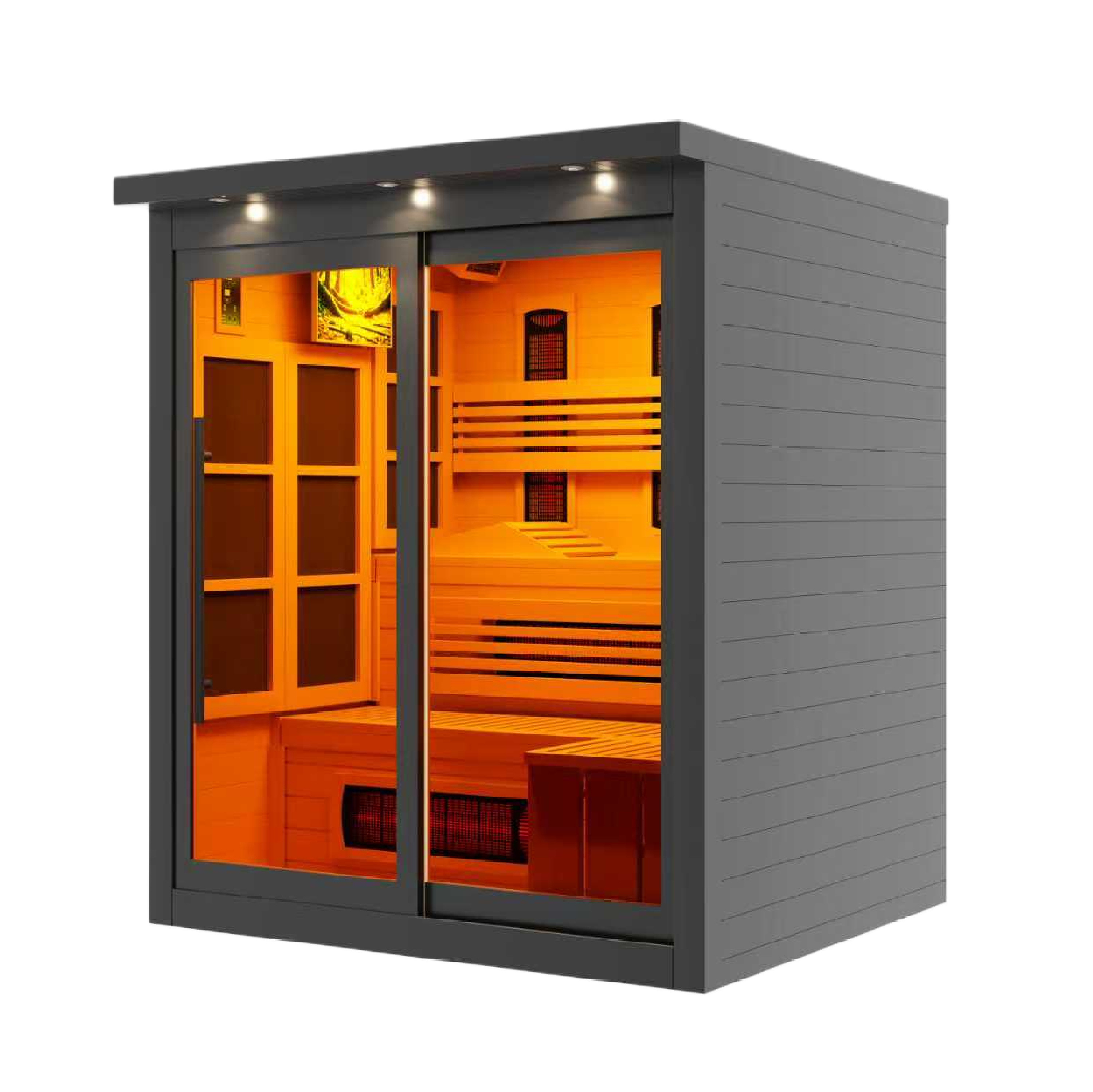 Golden Designs Monaco 6-Person Full Spectrum PureTech™ Near Zero EMF FAR Infrared Sauna, right angle