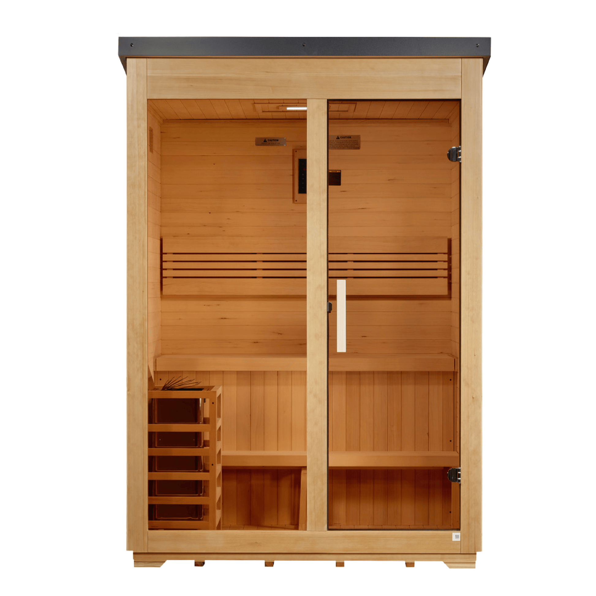 Golden Designs Arlberg 2026 3-person traditional flat roof outdoor sauna, front view with bronze privacy glass door and black roof
