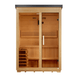 Golden Designs Arlberg 2026 3-person traditional flat roof outdoor sauna, front view with bronze privacy glass door and black roof