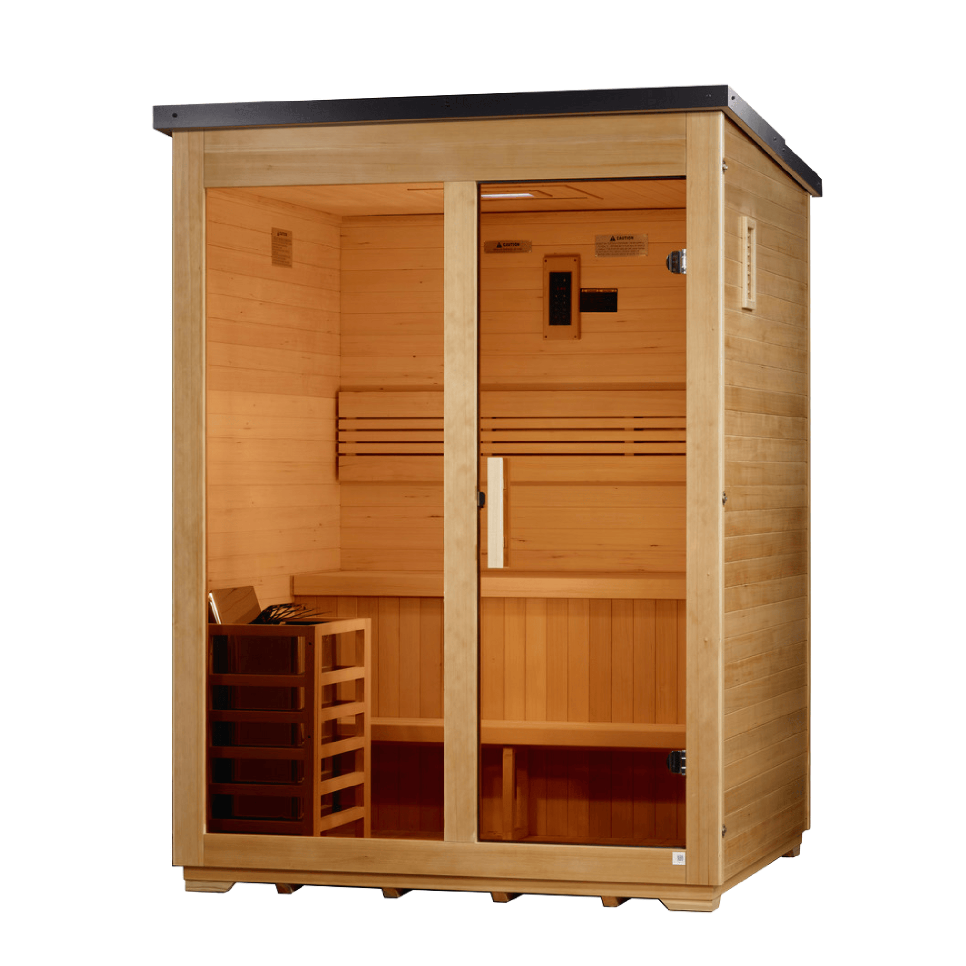 Golden Designs Arlberg 2026 outdoor sauna GDI-8003-01, left angle view showing Canadian Hemlock panels and flat black roof
