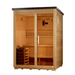 Golden Designs Arlberg 2026 outdoor sauna GDI-8003-01, left angle view showing Canadian Hemlock panels and flat black roof