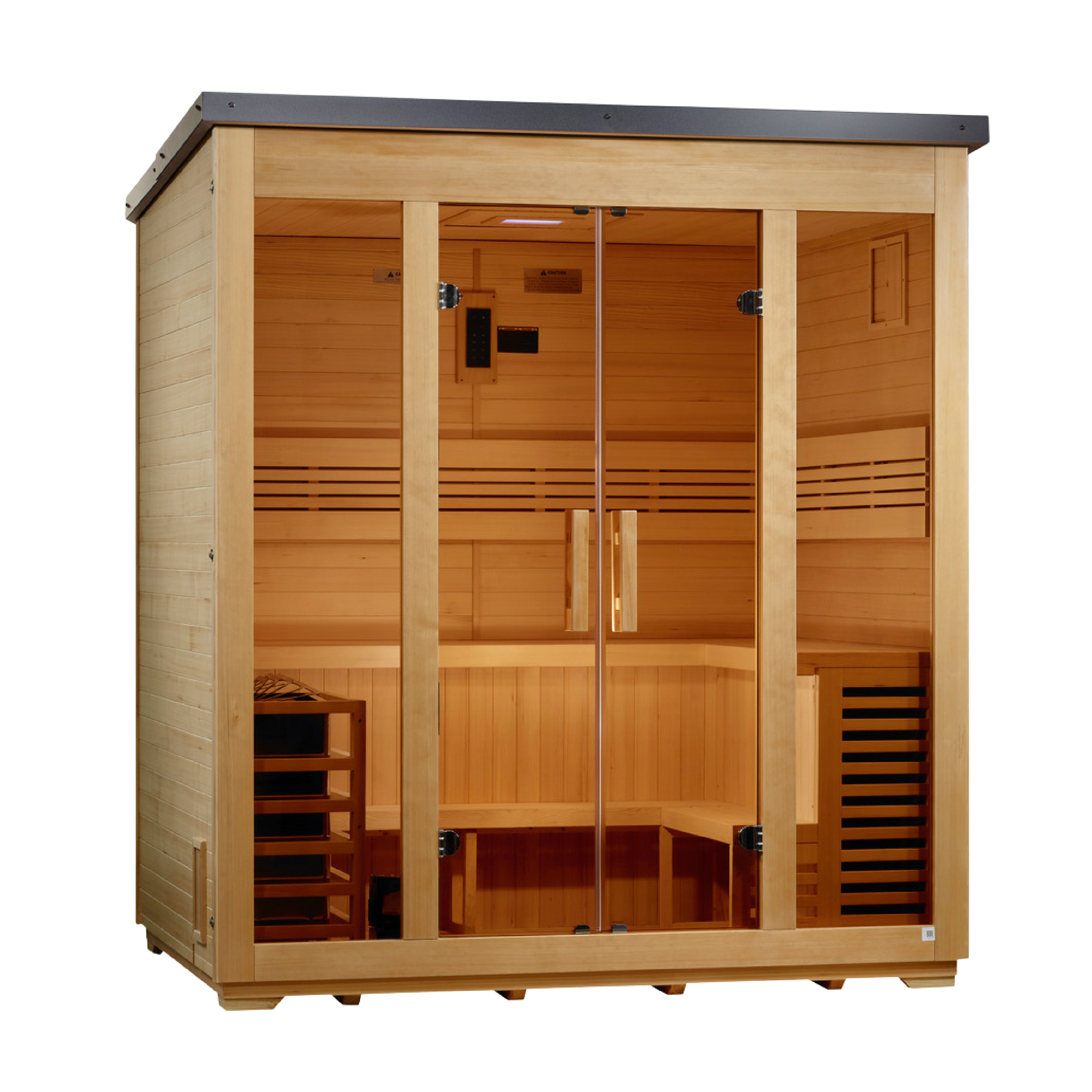 Golden Designs Vorarlberg 2026 5 person traditional flat roof outdoor sauna, left angle view with black roof and bronze glass front