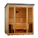 Golden Designs Vorarlberg 2026 5 person traditional flat roof outdoor sauna, left angle view with black roof and bronze glass front