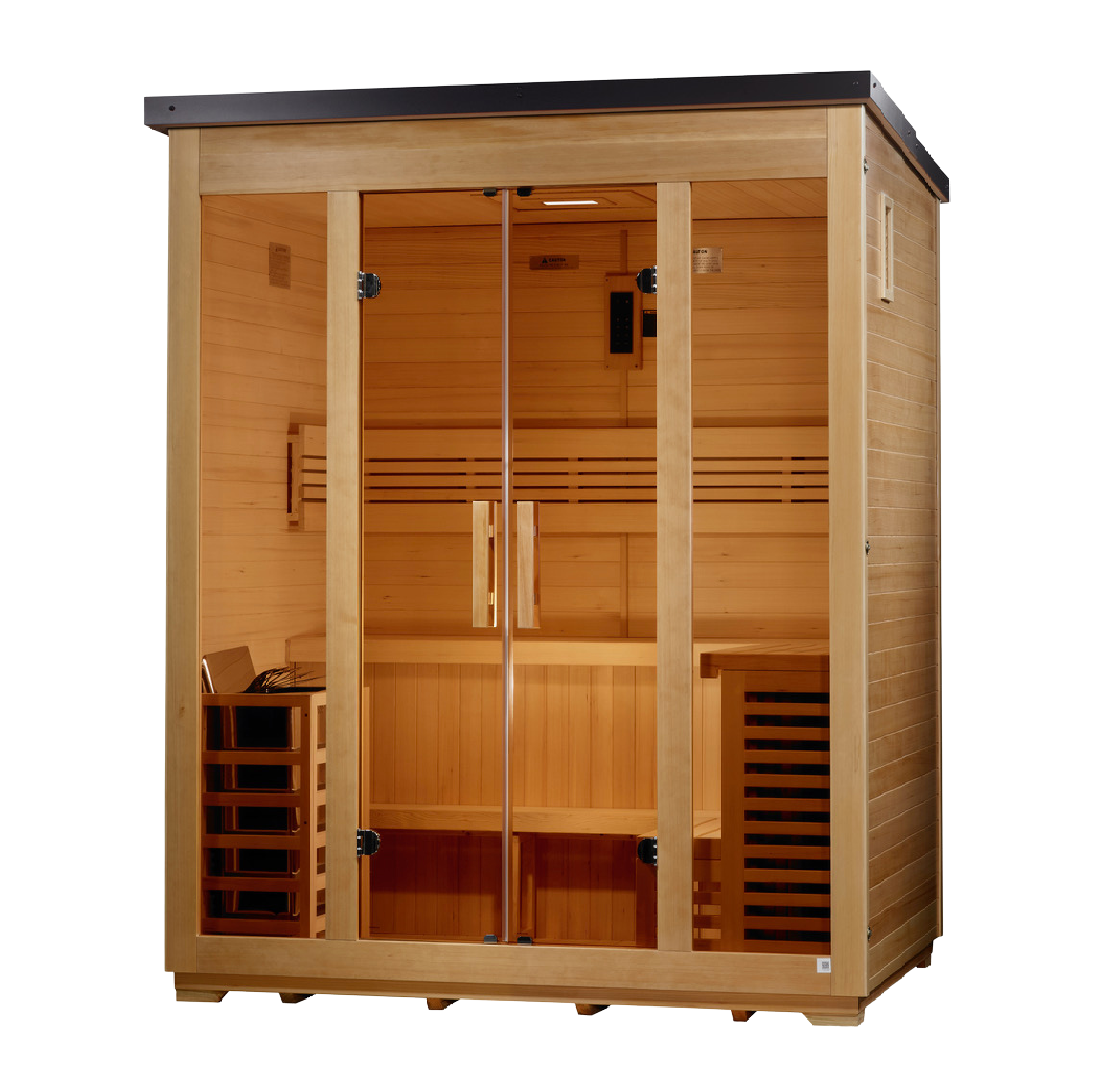 Golden Designs Vorarlberg 2026 outdoor sauna GDI-8005-01, right angle view showing Canadian Hemlock panels and flat black roof