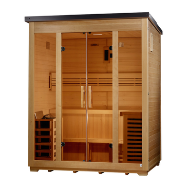 Golden Designs Vorarlberg 2026 outdoor sauna GDI-8005-01, right angle view showing Canadian Hemlock panels and flat black roof