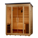 Golden Designs Vorarlberg 2026 outdoor sauna GDI-8005-01, right angle view showing Canadian Hemlock panels and flat black roof