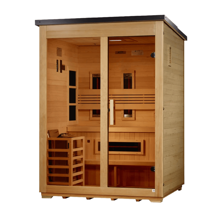 Golden Designs Carinthia flat roof outdoor sauna, right angle view showing Canadian Hemlock panels and flat black roof