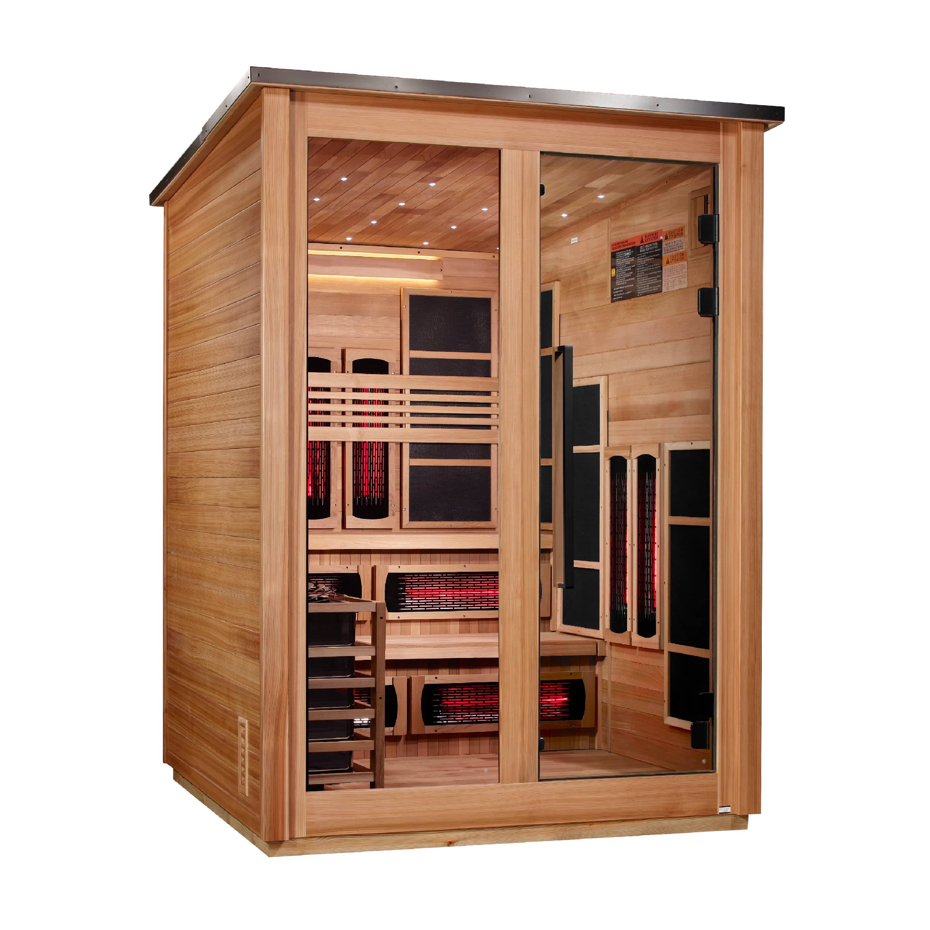 Golden Designs Kaskinen 6-person flat roof hybrid outdoor sauna, Pacific Cedar finish, left angle