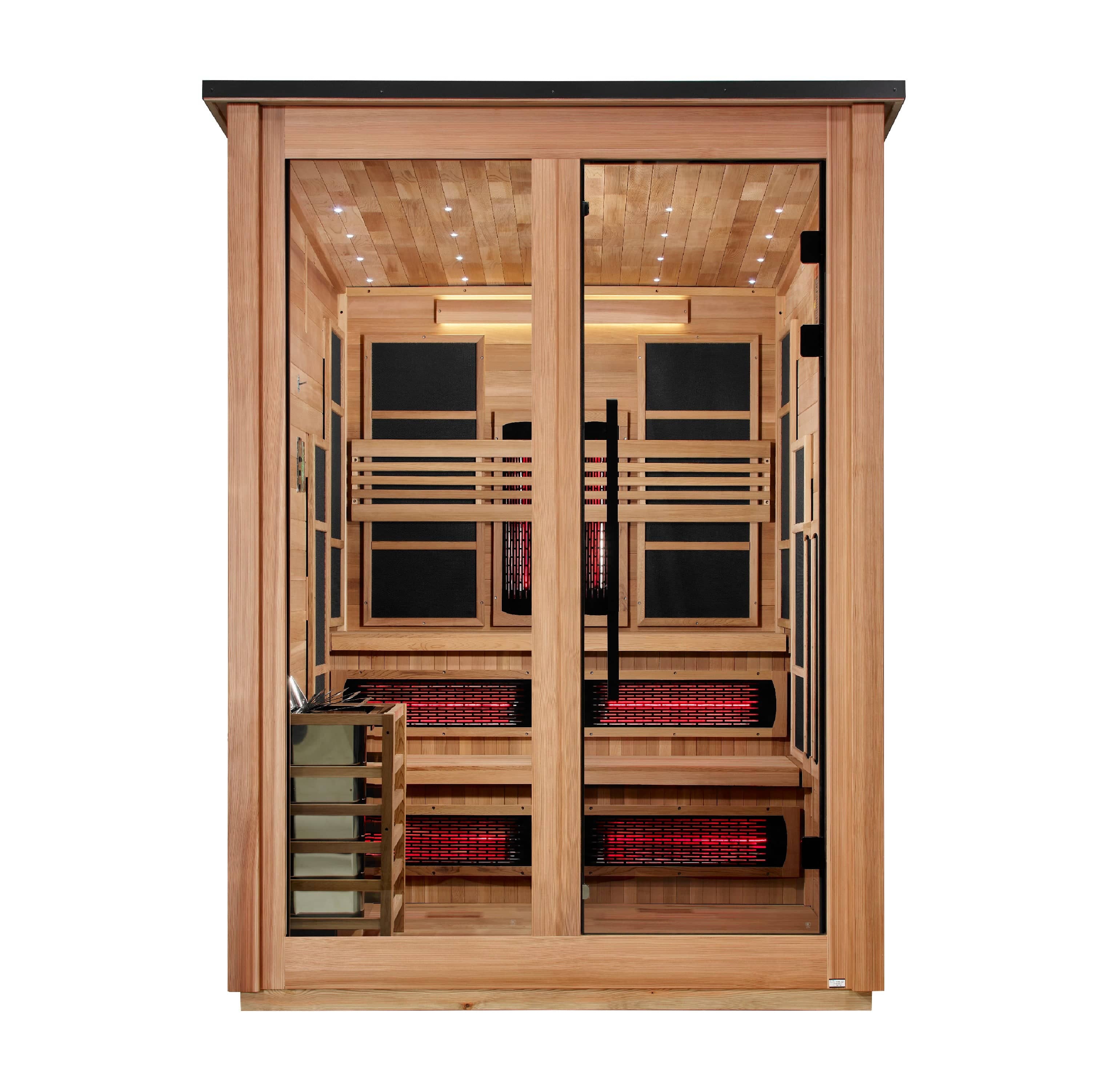 Golden Designs Kaskinen 6-person flat roof hybrid outdoor sauna, Pacific Cedar finish, front view