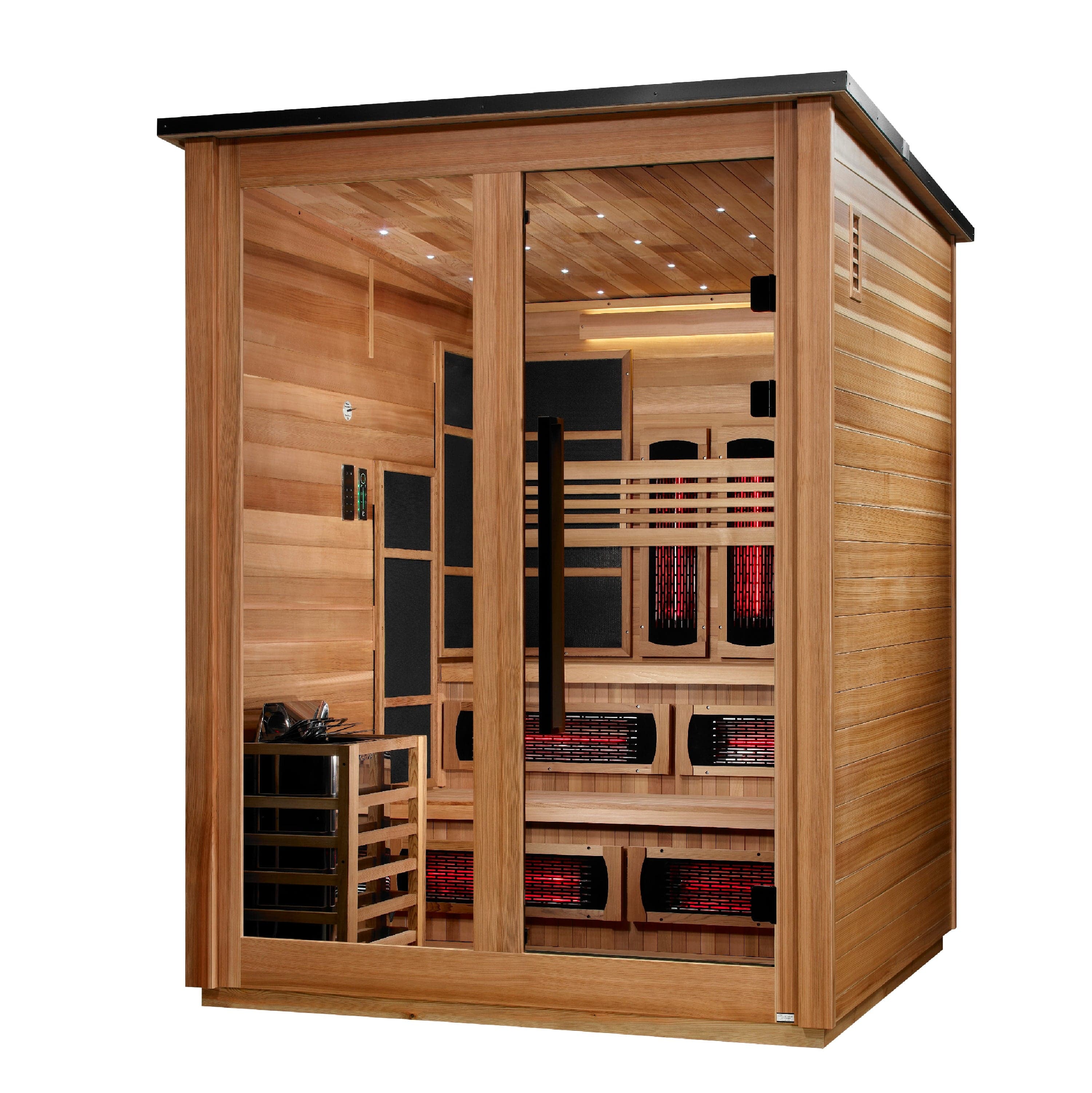 Golden Designs Kaskinen 6-person flat roof hybrid outdoor sauna, Pacific Cedar finish, right angle