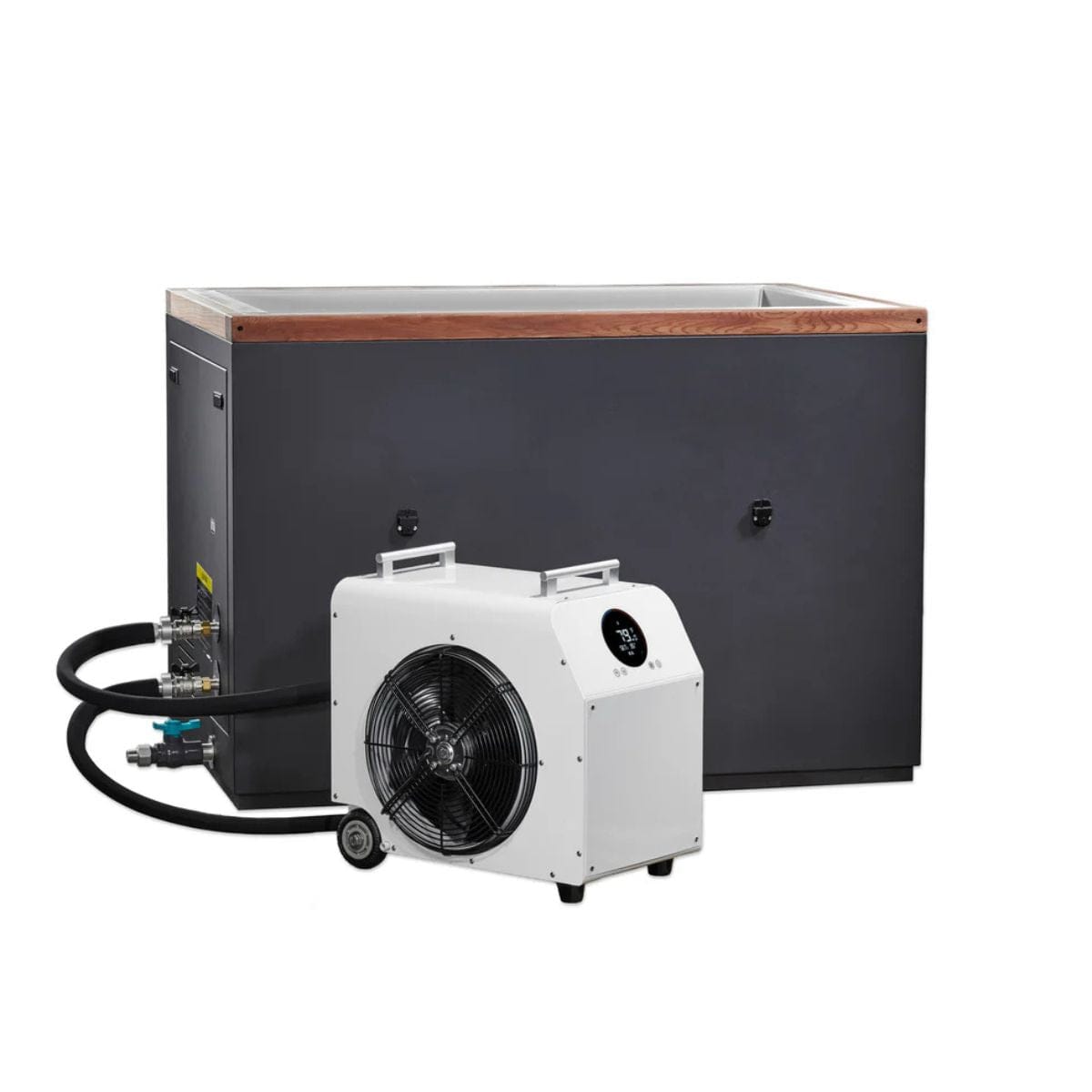 This premium stainless steel cabinet provides a great look and protects the cold plunge from the outdoor weather elements