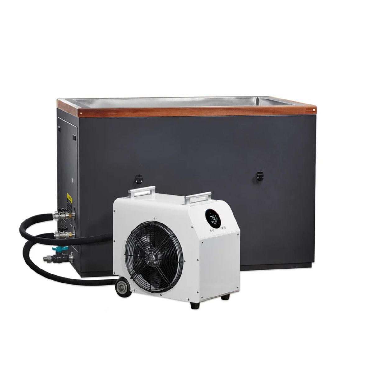 Commercial ice machine with a separate air conditioning unit on a white background