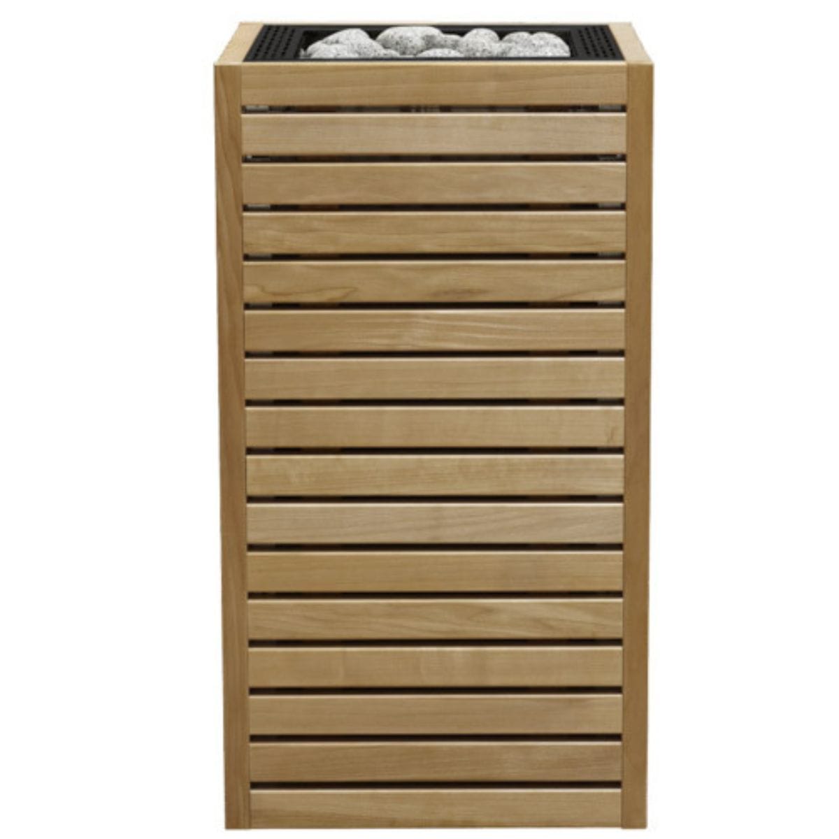 Wood panels add a finished look to the heater and help prevent burn injuries