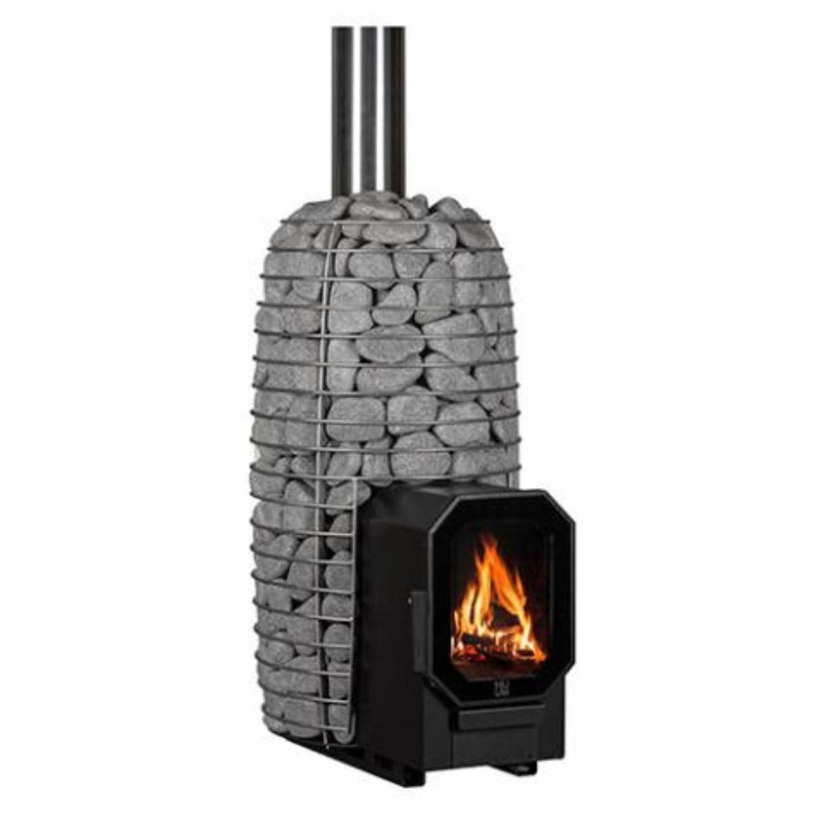 Wood-burning stove with stone surround on a white background