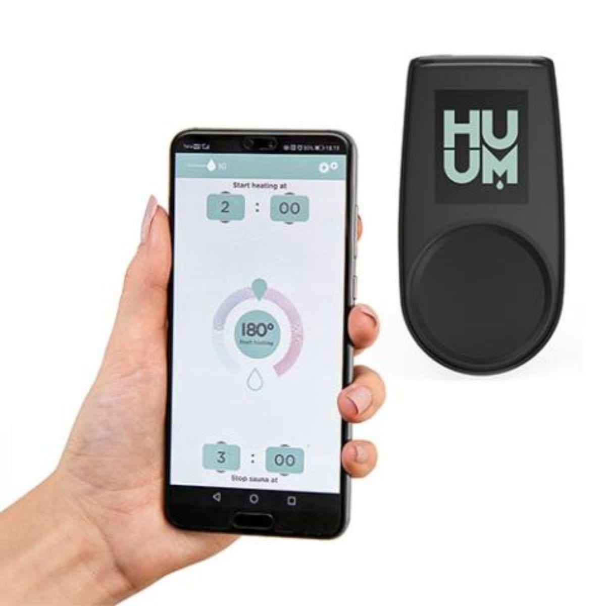 A hand holding a smartphone with the HUUM app displayed on the screen, showing sauna temperature settings, alongside a black HUUM UKU Wi-Fi sauna controller
