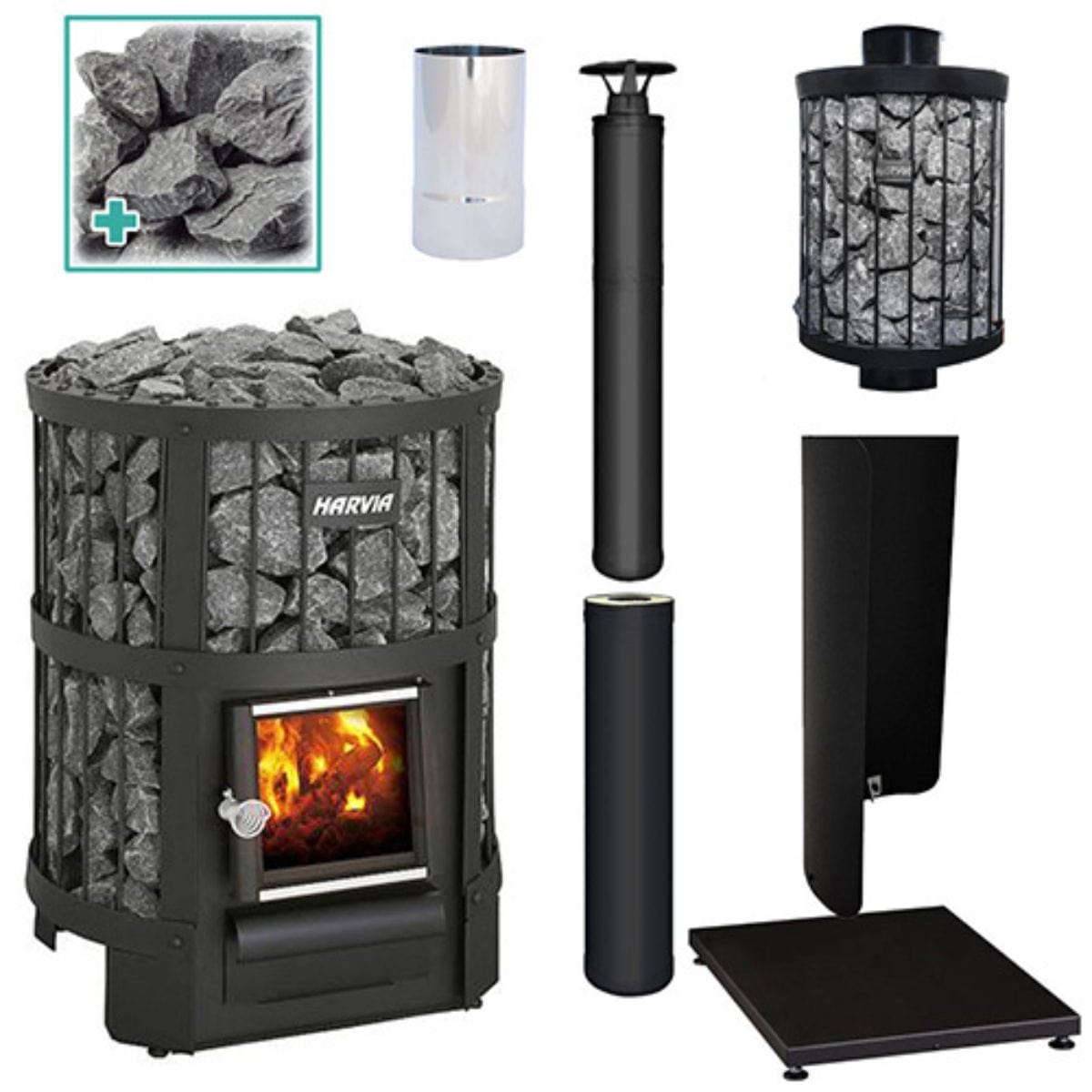 This black stove package offers a comfortably moist sauna bath for sauna rooms from 212 to 459 cubic feet
